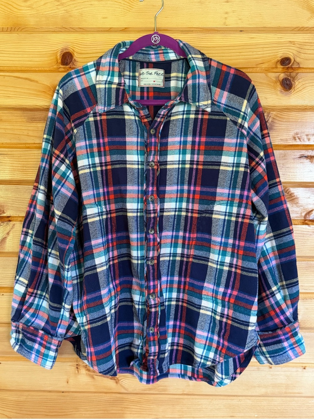 Free People We the People Navy Plaid Cozy Oversized Button-Up Shirt Size Medium